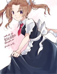 Rule 34 | 1girl, ahoge, alternate costume, apron, black dress, brown hair, character name, clothes lift, dated, dress, dress lift, enmaided, frilled apron, frills, gradient background, hair ribbon, kagerou (kancolle), kagerou kai ni (kancolle), kantai collection, long hair, looking at viewer, maid, necktie, pink background, purple eyes, red necktie, ribbon, smile, solo, twintails, twitter username, u yuz xx, white apron, white background, white ribbon