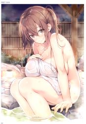 Rule 34 | 1girl, absurdres, arm at side, artist name, bare shoulders, bath, blush, border, breasts, brown eyes, brown hair, bush, cleavage, closed mouth, collarbone, fence, fingernails, hair between eyes, hand on own chest, highres, large breasts, long hair, looking at viewer, night, nozomi tsubame, nude, onsen, original, outdoors, page number, ponytail, rock, sidelocks, smile, soaking feet, solo, star (sky), steam, toranoana, towel, tree, wading, water, wet, white border, white towel, wooden fence