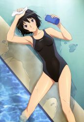 Rule 34 | 1girl, absurdres, amagami, black eyes, black hair, competition swimsuit, highres, lying, nanasaki ai, non-web source, nyantype, official art, one-piece swimsuit, pool, solo, swimsuit, takayama kisai, water