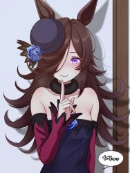 Rule 34 | 1girl, animal ears, blue dress, blue flower, blue rose, breasts, brown hair, detached collar, detached sleeves, door, dress, flower, hair over one eye, highres, horse ears, horse girl, horse tail, index finger raised, long hair, looking at viewer, purple eyes, rice shower (umamusume), rose, small breasts, solo, straight-on, tail, tussy, umamusume