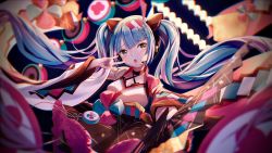 Rule 34 | 1girl, absurdres, aqua eyes, aqua hair, blurry, blurry background, blurry foreground, blush, bow, commentary, depth of field, drum, floral print, folding fan, foreshortening, frilled skirt, frills, furrowed brow, hair ornament, hand fan, hatsune miku, highres, holding, holding fan, ichigo mayonnaise, instrument, japanese clothes, kimono, lantern, light blush, long hair, looking to the side, magical mirai (vocaloid), magical mirai miku, magical mirai miku (2020 summer), night, open mouth, skirt, solo, speaker, twintails, very long hair, vocaloid, w, yukata