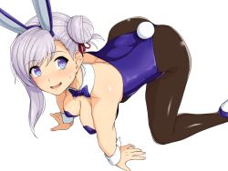 Rule 34 | 1girl, all fours, animal ears, ass, black pantyhose, blue bow, blue bowtie, blue eyes, blue leotard, bow, bowtie, breasts, detached collar, embarrassed, fake animal ears, fake animal tail, fate/grand order, fate (series), from above, hair bun, hanging breasts, haruhisky, high heels, large breasts, leotard, looking at viewer, looking up, medium hair, miyamoto musashi (fate), open mouth, pantyhose, playboy bunny, rabbit ears, rabbit tail, silver hair, simple background, single hair bun, solo, strapless, strapless leotard, sweat, tail, teeth, wavy mouth, white background