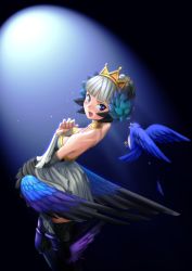 Rule 34 | 1girl, armor, armored dress, bird, black background, blue background, blue eyes, boots, braid, choker, crown, dress, elbow gloves, gloves, gradient background, gwendolyn (odin sphere), hair bun, hat, highres, leg wings, low wings, odin sphere, open mouth, pteruges, single hair bun, solo, strapless, strapless dress, tears, thigh boots, thighhighs, white hair, wings, youkai ankake