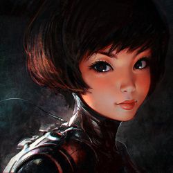 Rule 34 | 1girl, black eyes, bodysuit, brown hair, cable, close-up, closed mouth, grey background, ilya kuvshinov, lips, looking at viewer, original, short hair, solo