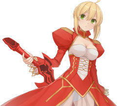 Rule 34 | 10s, 1girl, aestus estus, ahoge, blonde hair, breasts, cleavage, cowboy shot, dress, epaulettes, fate/extra, fate (series), green eyes, leotard, looking at viewer, nananichi, nero claudius (fate), nero claudius (fate) (all), nero claudius (fate/extra), red dress, see-through, solo, sword, weapon, white background