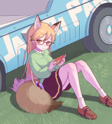 Rule 34 | animal ears, box, box of chocolates, brown footwear, brown hair, brown skirt, collar, commentary request, extra ears, ezo red fox (kemono friends), flying sweatdrops, fox ears, fox girl, fox tail, frilled collar, frills, glasses, grass, green sweater, handheld game console, highres, japari symbol, kemono friends, kemono friends 3, loafers, long hair, long sleeves, multicolored hair, official alternate costume, orange eyes, orange hair, pleated skirt, puffy sleeves, rifunoton, shirt, shoes, sitting, skirt, socks, sweater, tail, white legwear, white shirt