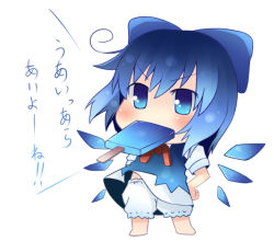 Rule 34 | 1girl, bad id, bad pixiv id, bloomers, blue hair, bow, chibi, cirno, female focus, food, hand on own hip, ice cream, masuneko, phantasmagoria of flower view, short hair, solo, touhou, translated, underwear, white bloomers, wings