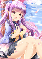 Rule 34 | 1girl, blue kimono, blue ribbon, blue sky, blush, bow, brown eyes, cameltoe, cloud, commentary request, day, feet out of frame, flower, frilled skirt, frills, hair ribbon, hands up, highres, japanese clothes, kimono, kyoka (princess connect!), long hair, looking at viewer, open mouth, outdoors, panties, petals, pink flower, pleated skirt, pointy ears, princess connect!, purple hair, purple skirt, ribbon, see-through, sidelocks, skirt, sky, solo, tree, twintails, underwear, very long hair, white panties, xenon (for achieve), yellow bow