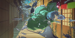 Rule 34 | 3girls, absurdres, blue eyes, blue hair, brown hair, bubble, fins, fish, green kimono, happy, head fins, highres, huang gua, japanese clothes, kimono, long hair, looking at viewer, mermaid, monster girl, multiple girls, open mouth, sardine, scenery, seaweed, sliding doors, smile, stairs, stingray, swimming, touhou, underwater, vanishing point, wakasagihime, yukata