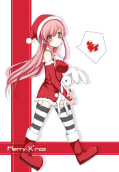 Rule 34 | 1girl, absurdres, blush, breasts, choker, earrings, hat, heart, highres, jewelry, long hair, looking at viewer, medium breasts, merry christmas, original, pink eyes, pink hair, santa hat, sei000, smile, solo, spoken heart, striped clothes, striped thighhighs, stuffed animal, stuffed rabbit, stuffed toy, thighhighs, very long hair