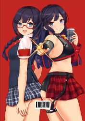 Rule 34 | 2girls, armband, ass, back-to-back, belt, black belt, black gloves, black hair, black tank top, black vest, blue eyes, blue skirt, bow, bowtie, braid, breasts, checkered clothes, checkered skirt, culton, detached sleeves, dive! (love live!), dual persona, epaulettes, fingerless gloves, glasses, gloves, grin, hair between eyes, half-skirt, highres, holding, holding microphone, legs, long hair, looking at viewer, love live!, love live! nijigasaki high school idol club, medium breasts, microphone, miniskirt, multiple girls, nakagawa nana, nijigasaki academy school uniform, open mouth, pants, plump, pointing, pointing at viewer, red-framed eyewear, red background, red bow, red bowtie, red skirt, red sleeves, safety pin, school uniform, semi-rimless eyewear, shirt, short shorts, short sleeves, shorts, sidelocks, single detached sleeve, single epaulette, single glove, single sleeve, skirt, smile, sparkle, stomach, tank top, teeth, thigh strap, thighs, tight clothes, tight pants, upper teeth only, vest, white shirt, yuki setsuna (love live!)