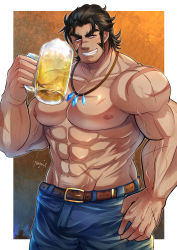 Rule 34 | 1boy, absurdres, bara, beer mug, belt, blue pants, cross scar, cup, denim, facial hair, facial scar, feet out of frame, goatee, grin, highres, holding, holding cup, jeans, jewelry, kageru (mofnyan), large pectorals, leather belt, long sideburns, male focus, mug, muscular, muscular male, necklace, original, pants, pectoral cleavage, pectorals, scar, scar on arm, scar on cheek, scar on face, scar on nose, sideburns, smile, smirk, solo, standing, thick eyebrows, topless male, veins