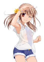 Rule 34 | 1girl, arm up, armpits, bracelet, brown hair, denim, denim shorts, female focus, flat chest, flower, highres, hiroyama hiroshi, jewelry, no bra, one eye closed, red eyes, see-through, shorts, smile, solo, standing, transparent background, vector trace, wink