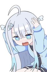 Rule 34 | 1girl, ahoge, amatsuka uto, bad id, bad twitter id, black dress, blue eyes, blue hair, buttons, dress, hair ornament, hairclip, hand on own head, hunched over, indie virtual youtuber, long hair, long sleeves, looking down, open mouth, panicking, parody, rahosz, simple background, skirt, solo, tagme, virtual youtuber, white background
