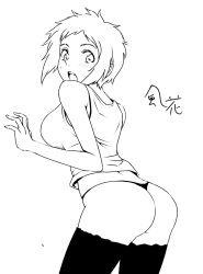 Rule 34 | 1girl, ass, atlus, bare shoulders, black thighhighs, character name, from behind, greyscale, highres, looking back, monochrome, open mouth, panties, persona, persona 3, short hair, simple background, solo, suta furachina, tank top, thighhighs, thong, underwear, yamagishi fuuka