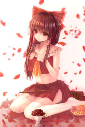 Rule 34 | 1girl, ascot, bow, box, brown hair, cherry, collarbone, crop top, dead line, donation box, food, fruit, gohei, hair bow, hair tubes, hakurei reimu, hands on own chest, head tilt, highres, long hair, looking at viewer, midriff, miniskirt, navel, neck, no shoes, orange (fruit), orange slice, petals, red eyes, simple background, sitting, skirt, smile, solo, thighhighs, thighs, touhou, wariza, white background, white thighhighs