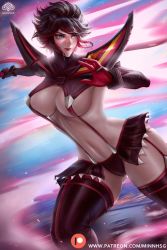 Rule 34 | 1girl, artist name, black hair, blue eyes, breasts, closed mouth, commentary, garter straps, gloves, highres, holding, holding sword, holding weapon, kill la kill, large breasts, lips, long sleeves, looking away, matoi ryuuko, minnhsg, multicolored hair, navel, panties, red hair, revealing clothes, reverse grip, scissor blade (kill la kill), senketsu, shiny skin, short hair, simple background, smile, stomach, suspenders, sword, thighs, two-tone hair, underwear, weapon