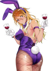 Rule 34 | 1girl, alcohol, alternate costume, animal ears, ass, blush, bow, bowtie, breasts, cup, dark-skinned female, dark skin, detached collar, drinking glass, earrings, fake animal ears, fake tail, fishnet pantyhose, fishnets, gloves, holding, holding cup, idolmaster, idolmaster shiny colors, izumi mei, jewelry, large breasts, leotard, looking at viewer, looking back, pantyhose, playboy bunny, purple bow, purple bowtie, purple leotard, rabbit ears, rabbit tail, shiroyukimajima, simple background, smile, solo, strapless, strapless leotard, stud earrings, tail, white background, white gloves, wine, wine glass