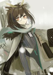 Rule 34 | 1girl, ahoge, arknights, azuazu 0405, black sweater, brown hair, cowboy shot, feather hair, glasses, grey background, highres, id card, jacket, long sleeves, looking at viewer, official alternate costume, open clothes, open jacket, orange eyes, owl ears, rhine lab logo, ribbed sweater, scarf, short hair, silence (arknights), silence (frosted breath) (arknights), simple background, snowing, solo, sweater, white jacket, white scarf
