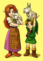 Rule 34 | 1boy, 1girl, absurdres, animal, arms up, belt, blonde hair, blue eyes, boots, brown footwear, brown hair, cremia, dog, green headwear, green tunic, hat, highres, holding, holding animal, holding dog, link, long hair, nintendo, parted lips, pointy ears, purple skirt, shadow, shirt, shirt tucked in, short sleeves, simple background, skirt, smile, standing, the legend of zelda, the legend of zelda: majora&#039;s mask, toonyrab, tunic, white shirt, yellow background