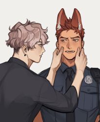Rule 34 | 2boys, animal ear fluff, animal ears, black necktie, black shirt, blue shirt, breast pocket, brown eyes, brown hair, cheek pinching, cheek pull, closed mouth, collared shirt, commentary, dog boy, dog ears, earrings, english commentary, etceteraart, fangs, hands up, highres, jewelry, long sleeves, looking at another, male focus, multiple boys, necktie, open mouth, original, pinching, pocket, police, police badge, police uniform, radio, shirt, short hair, short sleeves, simple background, standing, uniform, upper body, walkie-talkie, white background