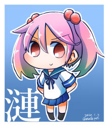 Rule 34 | 1girl, absurdres, aoba (akibajun), arms behind back, blue background, blue sailor collar, blue skirt, border, chibi, commentary request, full body, hair bobbles, hair ornament, highres, kantai collection, looking at viewer, no nose, pink eyes, pink hair, pleated skirt, sailor collar, sazanami (kancolle), school uniform, serafuku, short hair, simple background, skirt, smile, solo, standing, twintails, two-tone background, white border