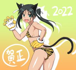 Rule 34 | 1girl, 2022, animal ears, animal hands, animal print, ass, bikini, blush, breasts, cat ears, cat tail, chinese zodiac, fang, francesca lucchini, gloves, green eyes, green hair, hair ornament, hair ribbon, highres, kunashiri (etorofu), looking at viewer, open mouth, paw gloves, ribbon, shiny skin, small breasts, smile, solo, strike witches, swimsuit, tail, tiger print, twintails, world witches series, year of the tiger