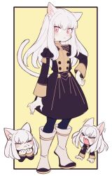 Rule 34 | 1girl, :&lt;, = =, animal ears, black jacket, black skirt, blue pantyhose, blush, boots, cat ears, cat tail, chibi, commentary, do m kaeru, fire emblem, fire emblem: three houses, full body, garreg mach monastery uniform, jacket, juliet sleeves, kemonomimi mode, long hair, long sleeves, looking at viewer, lysithea von ordelia, multiple views, nintendo, open mouth, pantyhose, pink eyes, puffy sleeves, skirt, skirt set, standing, symbol-only commentary, tail, white footwear, white hair