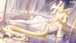 1girl animal_ears blonde_hair blue_archive blush feet highres long_hair looking_at_viewer looking_back lying on_side pantyhose parted_lips sarena seia_(blue_archive) soles toes white_pantyhose yellow_eyes