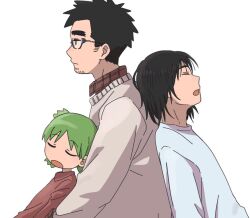 Rule 34 | 1girl, 2boys, back-to-back, black eyes, black hair, closed eyes, collared shirt, commentary request, facial hair, father and daughter, from side, glasses, green hair, jumbo, koiwai yotsuba, leaning on person, long sleeves, marutei2, mr. koiwai, multiple boys, open mouth, profile, quad tails, red shirt, shirt, short hair, simple background, sleeping, stubble, sweater, upper body, white background, white shirt, white sweater, yotsubato!