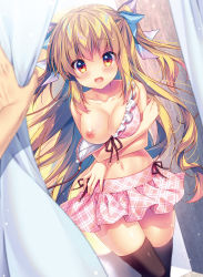 Rule 34 | 1girl, :o, bare arms, bare shoulders, black thighhighs, blonde hair, blue ribbon, blurry, blurry foreground, blush, bra, breast hold, breasts, cleavage, collarbone, curtains, dengeki moeou, depth of field, floating hair, frilled bra, frills, front-tie bra, hair ribbon, highres, light particles, long hair, looking at viewer, medium breasts, miniskirt, mizuki yuuma, navel, nipples, one breast out, open bra, open mouth, original, pink bra, pink skirt, plaid, plaid bra, plaid skirt, ribbon, sidelocks, skirt, solo focus, standing, stomach, thighhighs, two side up, underwear, very long hair, wavy hair, yellow eyes, zettai ryouiki