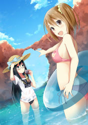 Rule 34 | 2girls, :d, ass, bad id, bad pixiv id, bikini, bikini under clothes, black bikini, black eyes, black hair, blush, bow, brown hair, camera, cloud, day, glasses, green eyes, hand on headwear, hat, hat bow, hat ribbon, heart, highres, holding, innertube, long hair, looking back, multiple girls, open mouth, original, outdoors, partially submerged, pink bikini, pointing, ribbon, shirt, side-tie bikini bottom, side ponytail, sky, smile, straw hat, sun hat, swim ring, swimsuit, swimsuit under clothes, t-shirt, taiyaki (astre), wading, water