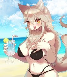 Rule 34 | 1girl, animal ear fluff, animal ears, animal nose, beach, belly, bikini, black bikini, black bra, black panties, blonde hair, blush, bra, breasts, cleavage, drink, food, fox ears, fox tail, fruit, furry, furry female, hand on own chest, highres, large breasts, licking lips, lime (fruit), long hair, looking at viewer, muzzle, navel, onikuman, panties, snout, straw, swimsuit, tail, thick eyebrows, tongue, tongue out, underwear, yellow eyes