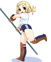 Rule 34 | 00s, 1girl, armor, blonde hair, blue eyes, boots, brown footwear, buruma, double vertical stripe, final fantasy, final fantasy xii, full body, greaves, gym uniform, holding, jinroku, penelo, pole, short hair, solo, twintails, two-handed, white background