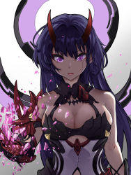 Rule 34 | 1girl, bare shoulders, black legwear, breasts, cleavage, crying, crying with eyes open, highres, honkai (series), honkai impact 3rd, horns, long hair, looking at viewer, open mouth, purple eyes, raiden mei, raiden mei (herrscher of thunder), simple background, solo, tearing up, tears, white background, wow+