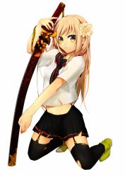 Rule 34 | 1girl, bad id, bad pixiv id, black thighhighs, blonde hair, flower, fujikiti, garter straps, hair flower, hair ornament, katana, kneeling, long hair, looking at viewer, midriff, navel, original, outstretched arm, school uniform, sheath, sheathed, skirt, solo, striped, sword, thighhighs, torn clothes, weapon, white background, yellow eyes