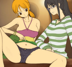 Rule 34 | 2girls, bangle, bare shoulders, black hair, bracelet, brown eyes, denim, denim shorts, glasses, hairu, halterneck, jewelry, long hair, multiple girls, nami (one piece), navel, necklace, nico robin, one piece, one piece: strong world, ponytail, shirt, shorts, sitting, spread legs, striped clothes, striped shirt, twintails