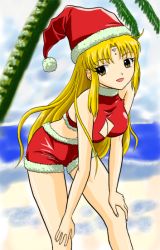 Rule 34 | 00s, 1girl, bad anatomy, bare shoulders, blonde hair, breasts, christmas, cleavage, cleavage cutout, clothing cutout, coconut tree, facial mark, forehead mark, fur trim, galaxy angel, halterneck, halterneck, hat, large breasts, leaning forward, long hair, looking at viewer, ocean, outdoors, palm tree, ranpha franboise, santa costume, santa hat, shorts, solo, tree