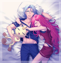 Rule 34 | 1boy, 1girl, absurdres, bed sheet, black panties, blue hair, buttons, commentary request, creatures (company), game freak, gen 1 pokemon, green eyes, hair between eyes, head on pillow, highres, james (pokemon), jessie (pokemon), long hair, looking at viewer, lying, meowth, navel, nintendo, on back, on side, pajamas, panties, pants, pillow, pokemon, pokemon (anime), pokemon (creature), red shorts, ruru (gi xxy), shirt, short sleeves, shorts, sleeping, teeth, underwear