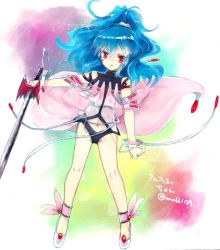 Rule 34 | 1girl, alfimi, artist request, banpresto, bare legs, blue hair, facial mark, female focus, full body, long hair, looking at viewer, ponytail, red eyes, smile, solo, super robot wars, sword, very long hair, weapon