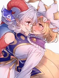 Rule 34 | 2girls, animal ears, bare shoulders, blonde hair, blue tabard, breasts, commentary request, curly hair, eye contact, fox ears, fox tail, gold trim, grey hair, grin, hat, highres, huge breasts, looking at another, masanaga (tsukasa), medium hair, mob cap, multiple girls, multiple tails, profile, sideways mouth, simple background, smile, tabard, tail, touhou, toutetsu yuuma, white background, yakumo ran, yellow eyes, yuri