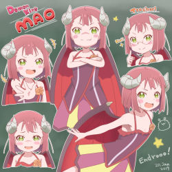 Rule 34 | +++, 1girl, blush stickers, character name, closed mouth, collarbone, copyright name, crossed arms, dated, demon girl, endro!, english text, fang, fang out, glasses, green eyes, halterneck, horns, looking at viewer, mao (endro!), multiple views, outline, outstretched arm, pointing, pointing at self, red hair, rimless eyewear, samenoido, shirt, short hair, skirt, sleeveless, sleeveless shirt, smile, sparkle, standing, star (symbol), v-shaped eyebrows, white outline