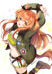 Rule 34 | 1girl, animal ears, arms up, bomber jacket, breasts, dog tags, hair between eyes, hair ornament, highres, horse ears, horse girl, horse tail, jacket, looking at viewer, maronie., mayano top gun (umamusume), midriff, open mouth, orange eyes, orange hair, petals, shoes, shorts, simple background, small breasts, solo, tail, thighhighs, twitter username, umamusume, v, white background, yellow eyes