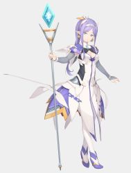 Rule 34 | angelan, aqua eyes, breasts, cleavage, elbow gloves, full body, gloves, headgear, highres, long hair, pointy ears, ponytail, purple hair, rokuwata tomoe, solo, standing, thighhighs, virtual on, white thighhighs