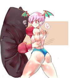 Rule 34 | 1girl, aesland3, ass, boxing, boxing gloves, demon girl, heavy breathing, highres, lilith aensland, punching bag, purple hair, red eyes, short shorts, shorts, sweat, tank top, vampire (game), wings