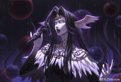 Rule 34 | 1girl, alternate form, bird wings, black background, black hair, black lips, black nails, capelet, circlet, colored skin, feather-trimmed capelet, feather trim, feathered wings, film grain, final fantasy, final fantasy xiv, fingernails, floating hair, hair intakes, head wings, holding, holding microphone, long hair, looking ahead, microphone, multiple wings, music, open mouth, orb, sharp fingernails, singing, slit pupils, solo, the endsinger, upper body, weibo logo, weibo watermark, white capelet, white skin, wings, yellow eyes, zmeoow