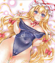 Rule 34 | 1girl, artist name, at classics, bare arms, blonde hair, blush, bow, breasts, cameltoe, cleft of venus, closed mouth, covered navel, cowboy shot, gluteal fold, hair between eyes, hair bow, hat, hat ribbon, large breasts, long hair, looking at viewer, low-tied long hair, mob cap, neck ribbon, pink bow, pink ribbon, purple eyes, red ribbon, ribbon, sample watermark, sidelocks, smile, solo, touhou, traditional media, very long hair, watermark, white hat, yakumo yukari