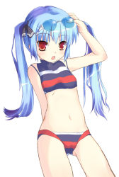 Rule 34 | 1girl, bikini, blue hair, eyebrows, flat chest, glasses, kooh, long hair, open mouth, pangya, red eyes, safi, simple background, solo, striped bikini, striped clothes, swimsuit, tankini, twintails, windtone (artist)
