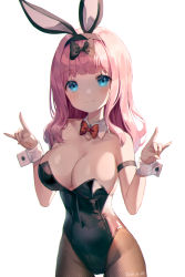 1girl :3 alternate_costume animal_ears bad_id bad_pixiv_id bare_arms bare_shoulders black_bow black_leotard black_pantyhose blue_eyes blunt_bangs blush bow bowtie breasts cleavage closed_mouth collarbone commentary_request covered_navel cowboy_shot dated detached_collar fake_animal_ears fishnet_pantyhose fishnets fujiwara_chika hair_bow hands_up hayan highres kaguya-sama_wa_kokurasetai_~tensai-tachi_no_renai_zunousen~ large_breasts leotard long_hair looking_at_viewer m/ pantyhose pink_hair playboy_bunny rabbit_ears red_bow ribbon simple_background smile solo strapless strapless_leotard white_background wrist_cuffs