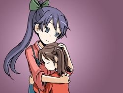 Rule 34 | 10s, 1girl, bow, brown eyes, brown hair, closed eyes, gradient background, grey eyes, hair bow, hair tie, height difference, high ponytail, houshou (kancolle), hug, japanese clothes, kantai collection, kariginu, purple hair, ryuujou (kancolle), sixten, smile